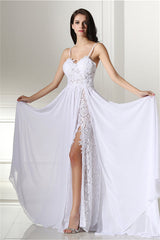 Party Dress Pattern, A-line White Evening Dresses Straps Chiffon Long Formal Dresses