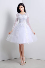 Party Fitness, A-Line White Tulle Appliques Long Sleeve Homecoming Dresses