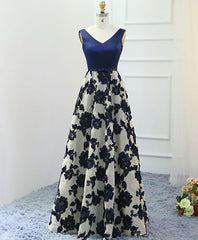 Prom Dresses Different, Stylish Dark Blue A Line V Neck Long Prom Dress, Dark Blue Evening Dress