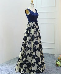 Prom Dress For Teens, Stylish Dark Blue A Line V Neck Long Prom Dress, Dark Blue Evening Dress