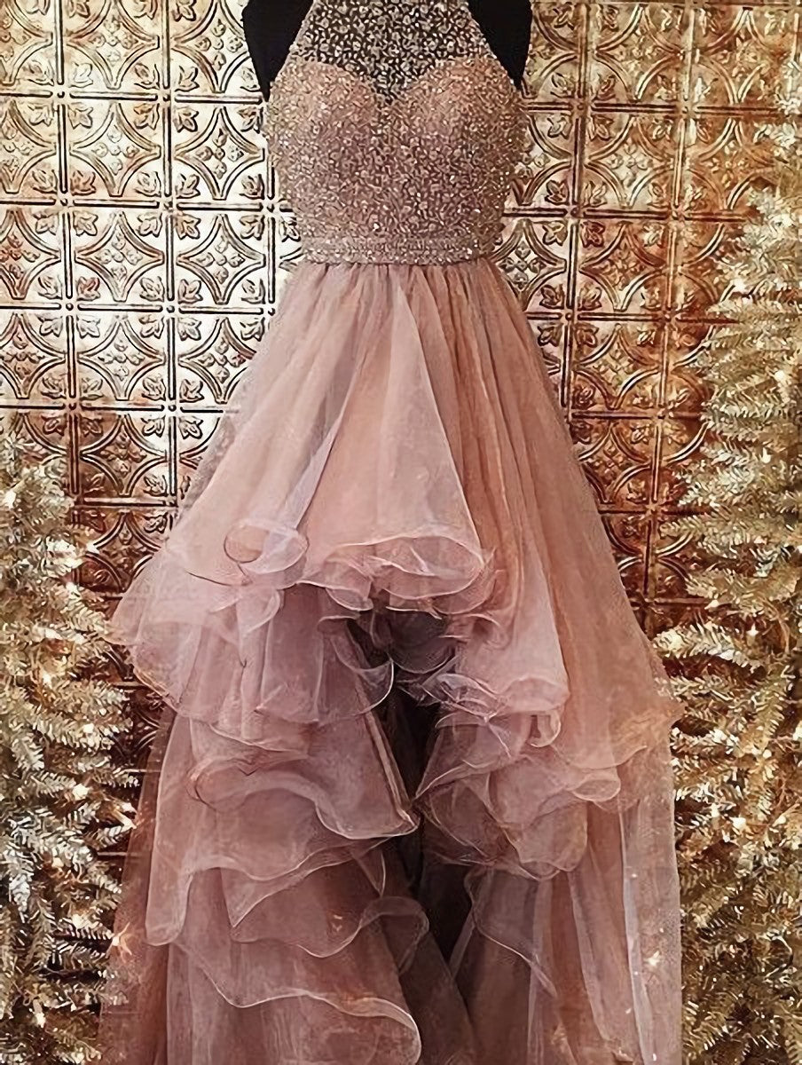 Formal Dress Ideas, 2024 Glamorous Pink Beading Layers Asymmetrical Tulle Prom Dresses