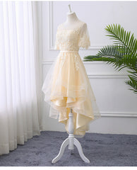 Bridesmaid Dresses Color Palette, Adorable Light Champagne High Low Party Dress with Lace Applique, Short Homecoming Dress