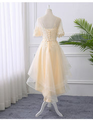 Bridesmaid Dresses Color Palettes, Adorable Light Champagne High Low Party Dress with Lace Applique, Short Homecoming Dress