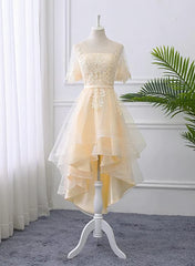 Bridesmaid Dress Color Palettes, Adorable Light Champagne High Low Party Dress with Lace Applique, Short Homecoming Dress