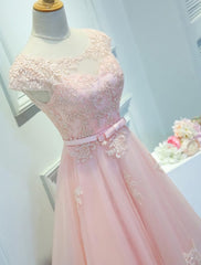 Party Dress Jumpsuit, Adorable Pink Knee Length Party Dress, Lace Applique Cute Homecoming Dress