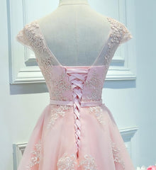 Elegant Dress Classy, Adorable Pink Knee Length Party Dress, Lace Applique Cute Homecoming Dress