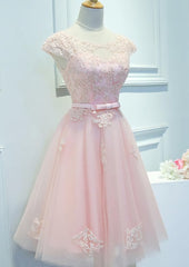 Dinner Outfit, Adorable Pink Knee Length Party Dress, Lace Applique Cute Homecoming Dress