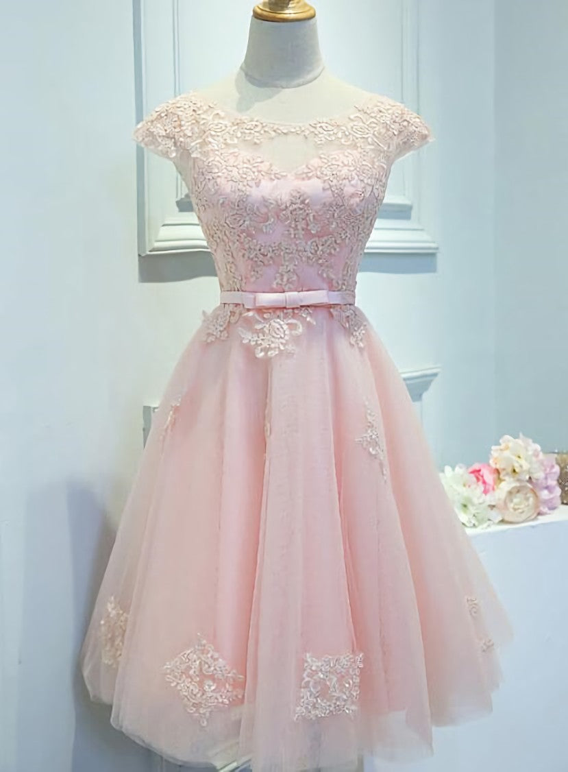 Party Dresses And Jumpsuits, Adorable Pink Knee Length Party Dress, Lace Applique Cute Homecoming Dress
