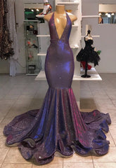Party Dresses And Tops, Chic Deep V-Neck Sleeveless Prom Dresses New Arrival Halter Memaiad Sequins Evening Gowns