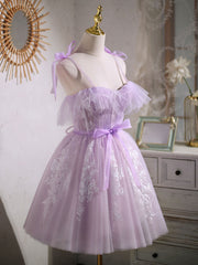 Bridesmaid Dresses Pinks, Aline Lace Short Purple Prom Dress,  Puffy Purple Homecoming Dress