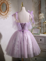 Bridesmaid Dress Pink, Aline Lace Short Purple Prom Dress,  Puffy Purple Homecoming Dress