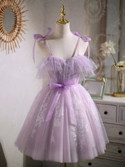 Bridesmaid Dresses Blues, Aline Lace Short Purple Prom Dress,  Puffy Purple Homecoming Dress