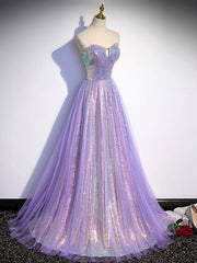 Bridesmaid Dress Beach Wedding, Aline Purple Sweetheart Neck Tulle Long Prom Dress, Purple Evening Dress