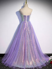 Bridesmaid Dresses Beach Wedding, Aline Purple Sweetheart Neck Tulle Long Prom Dress, Purple Evening Dress