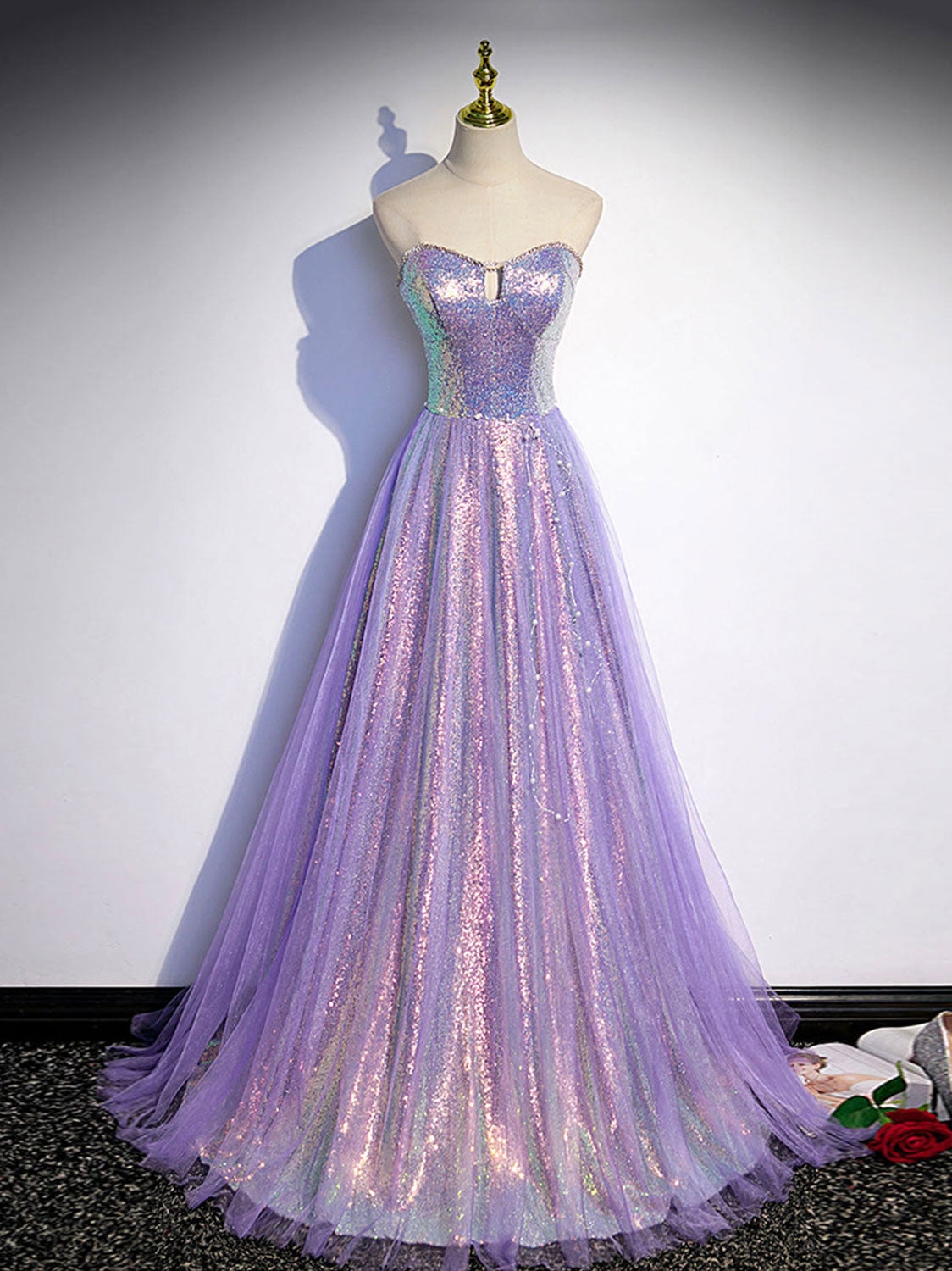 Bridesmaid Dresses Beach Weddings, Aline Purple Sweetheart Neck Tulle Long Prom Dress, Purple Evening Dress