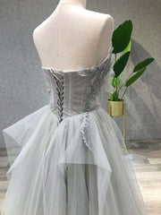 Backless Prom Dress, Aline Tea Length Gray Prom Dress, Gray Tulle Homecoming Dress