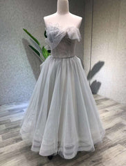 Party Dress Halter Neck, Aline Tea Length Gray Prom Dress, Gray Tulle Homecoming Dress