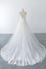 Wedding Dresses Lace Sleeve, Amazing Long A-line V-neck Ruffle Appliques Tulle Wedding Dress