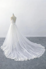 Wedding Dress Fabrics, Amazing Long A-line V-neck Ruffle Appliques Tulle Wedding Dress