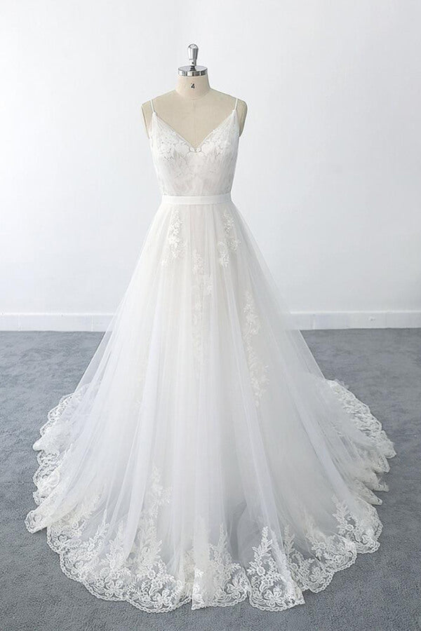 Weddings Dresses Lace Sleeves, Amazing Long A-line V-neck Ruffle Appliques Tulle Wedding Dress