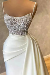 Party Dresses With Sleeves, Amazing Long Mermaid Strapless Sequins Pearls Satin Formal Prom Dresses