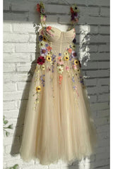 Corset Prom Dress, Ankle Length Tulle Straps Prom Dress with Flowers, A Line Party Gown