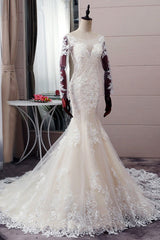 Wedding Dress Elegent, Autumn Long Sleevess Mermaid Lace appliques Ivory Wedding Dress