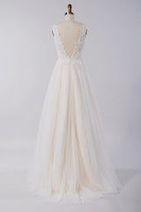 Wedding Dress For Big Bust, Awesome Long A-line Appliques Lace Tulle Open Back Wedding Dress