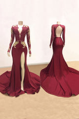 Party Dress Code, Awesome V-neck Long Sleeve High Slit Mermaid Prom Dress