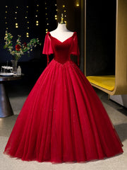 Evening Dresses Cheap, Burgundy Velvet Tulle Floor Length Formal Dress, Burgundy A-Line Evening Party Dress