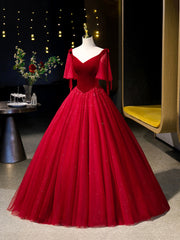 Evening Dress Shop, Burgundy Velvet Tulle Floor Length Formal Dress, Burgundy A-Line Evening Party Dress