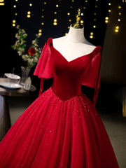 Evening Dress Elegant, Burgundy Velvet Tulle Floor Length Formal Dress, Burgundy A-Line Evening Party Dress