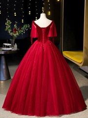 Evening Dress Ideas, Burgundy Velvet Tulle Floor Length Formal Dress, Burgundy A-Line Evening Party Dress