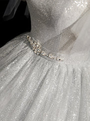 Prom Dressed 2043, Gray Sparkly Tulle Long Scoop Neckline Prom Dress, Beautiful A-Line Evening Party Dress