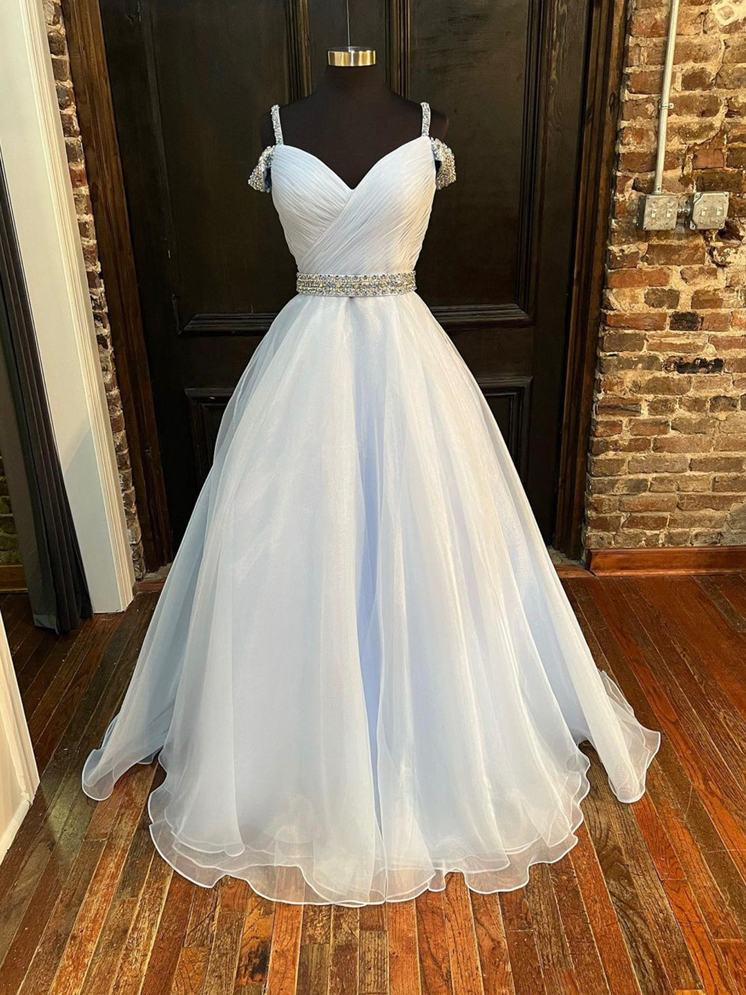 Plu Size Wedding Dress, Blue Organza Beaded Long Formal Dress, Blue Spaghetti Straps Evening Dress