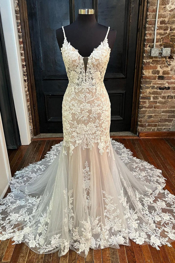 Wedding Dress Cheaper, Elegant V Neck Mermaid Lace Appliques Wedding Dresses