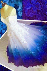 Party Dresses Outfits, ball gown ombre prom dresses sweetheart strapless evening dresses blue applique formal dresses long prom dresses