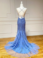Formal Dress Attire, Backless Blue Lace Mermaid Prom Dresses, Open Back Lace Mermaid Formal Evening Dresses