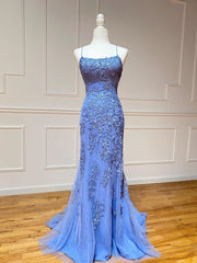 Formal Dresses Outfit Ideas, Backless Blue Lace Mermaid Prom Dresses, Open Back Lace Mermaid Formal Evening Dresses
