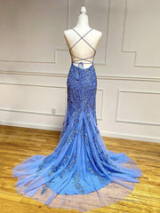 Night Club Outfit, Backless Blue Lace Prom Dresses, Open Back Blue Lace Formal Graduation Dresses
