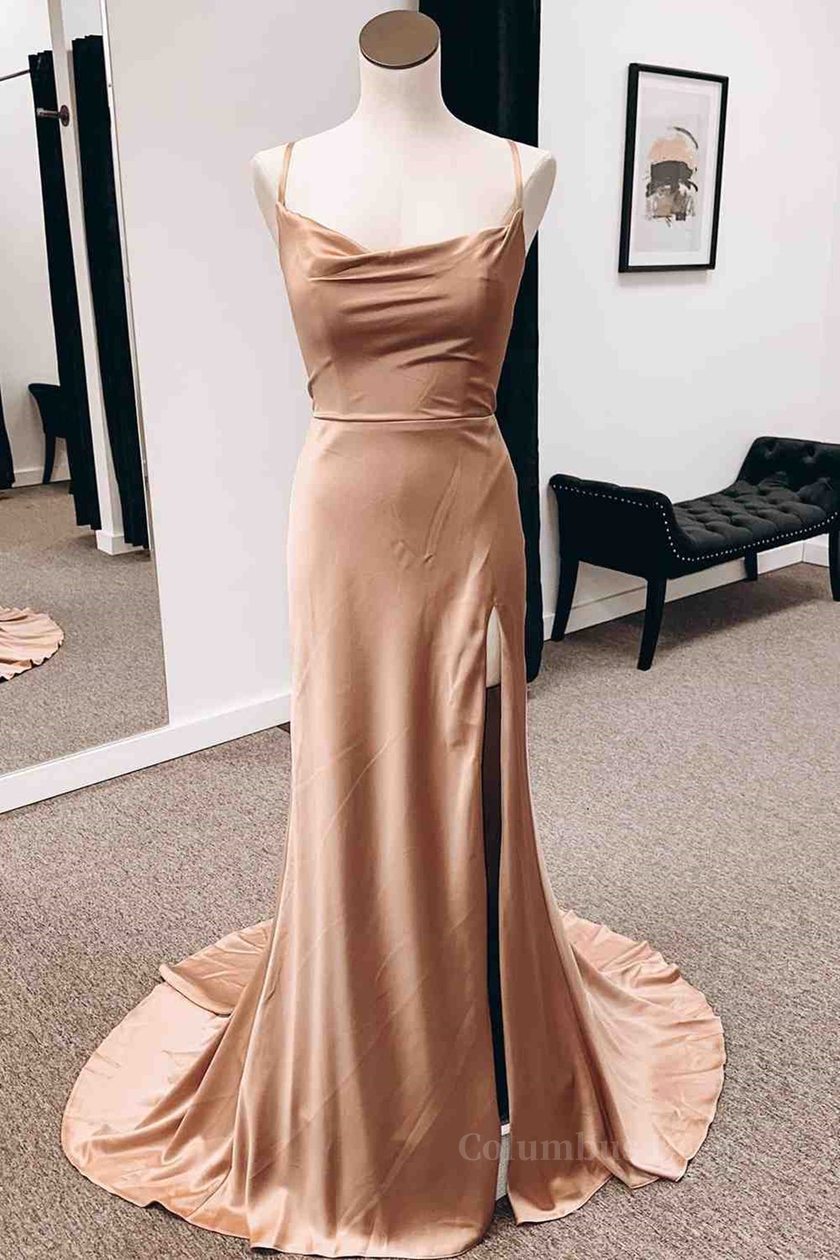 Bridesmaid Dresses Black, Backless Champagne Long Prom Dress with High Slit, Long Champagne Formal Graduation Evening Dress