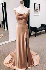 Bridesmaid Dresses Black, Backless Champagne Long Prom Dress with High Slit, Long Champagne Formal Graduation Evening Dress