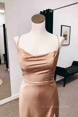 Bridesmaids Dress Burgundy, Backless Champagne Long Prom Dress with High Slit, Long Champagne Formal Graduation Evening Dress