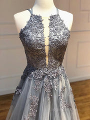 Party Dress Luxury, Backless Gray Lace Prom Dresses, Backless Gray Lace Formal Evening Graduation Dresses