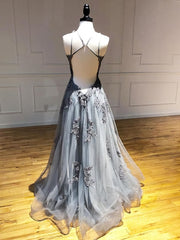 Party Dress Aesthetic, Backless Gray Lace Prom Dresses, Backless Gray Lace Formal Evening Graduation Dresses