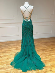 Formal Dress Fashion, Backless Green Lace Mermaid Prom Dresses, Open Back Mermaid Lace Formal Evening Dresses