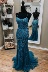 Evening Dresses Wedding, Backless Mermaid Dark Teal Lace Long Prom Dress, Mermaid Teal Lace Long Formal Evening Dress