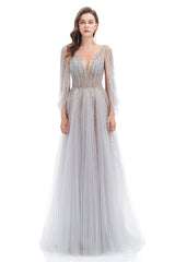 Princess Prom Dress, Backless V-neck Sequins Rhinestone Floor Length Prom Dresses
