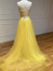 Formal Dresses For Woman, Backless Yellow Tulle Long Formal Evening Dresses, Open Back Yellow Tulle Long Prom Dresses