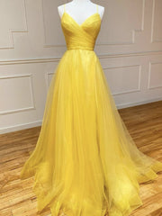 Formal Dresses Summer, Backless Yellow Tulle Long Formal Evening Dresses, Open Back Yellow Tulle Long Prom Dresses